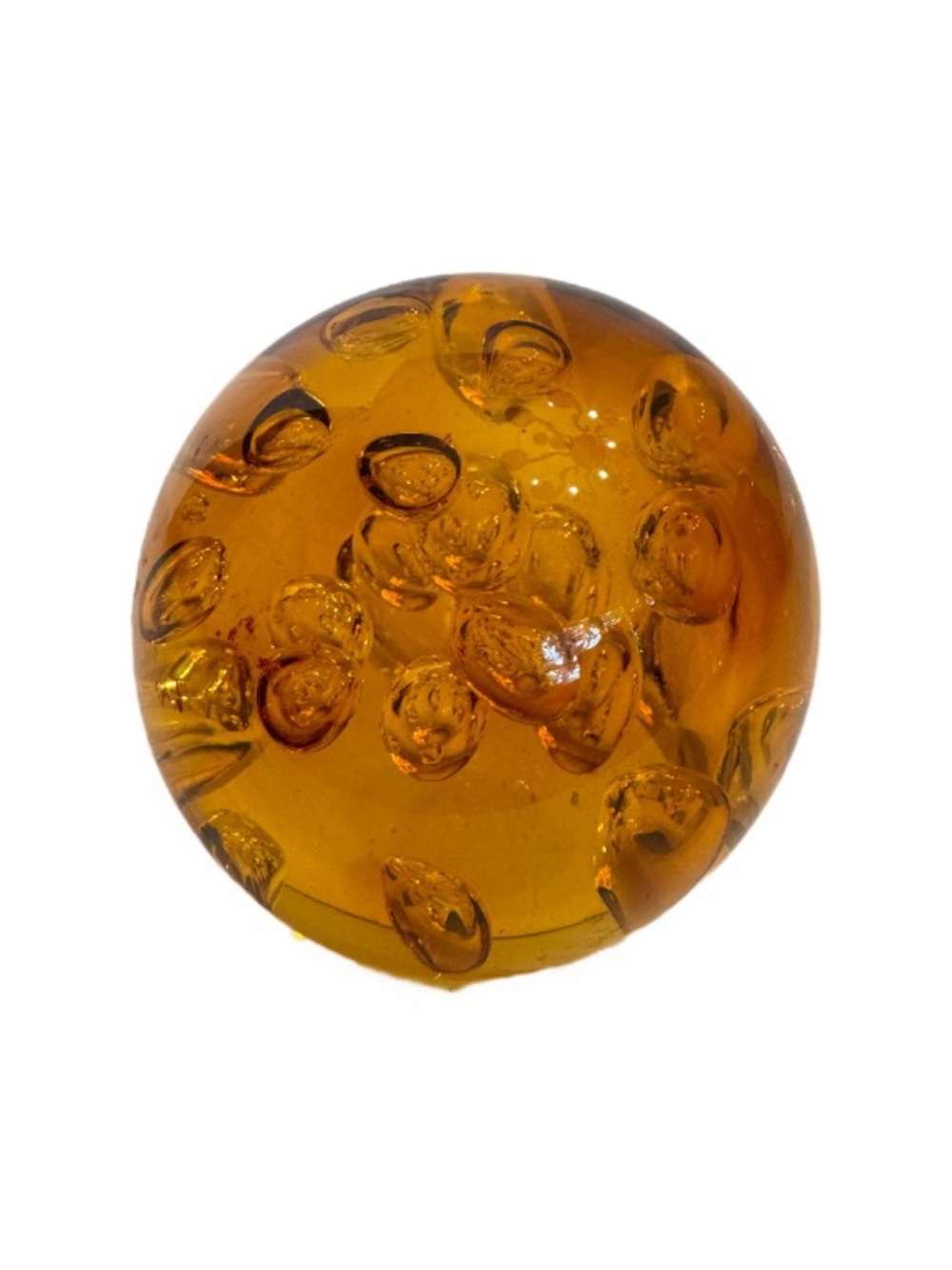 Vintage Amber Glass Orb Paperweight Round Controlled Bubbles 2.75” Tall MCM
